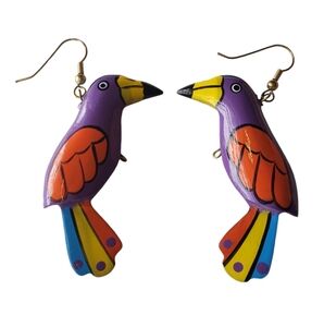 Beautiful Toucan Purple, Yellow  Orange And  Black Woosen Earrings.